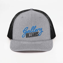 Load image into Gallery viewer, Gallery Logo Embroidered Trucker Hat (light print) Heather Grey / Black
